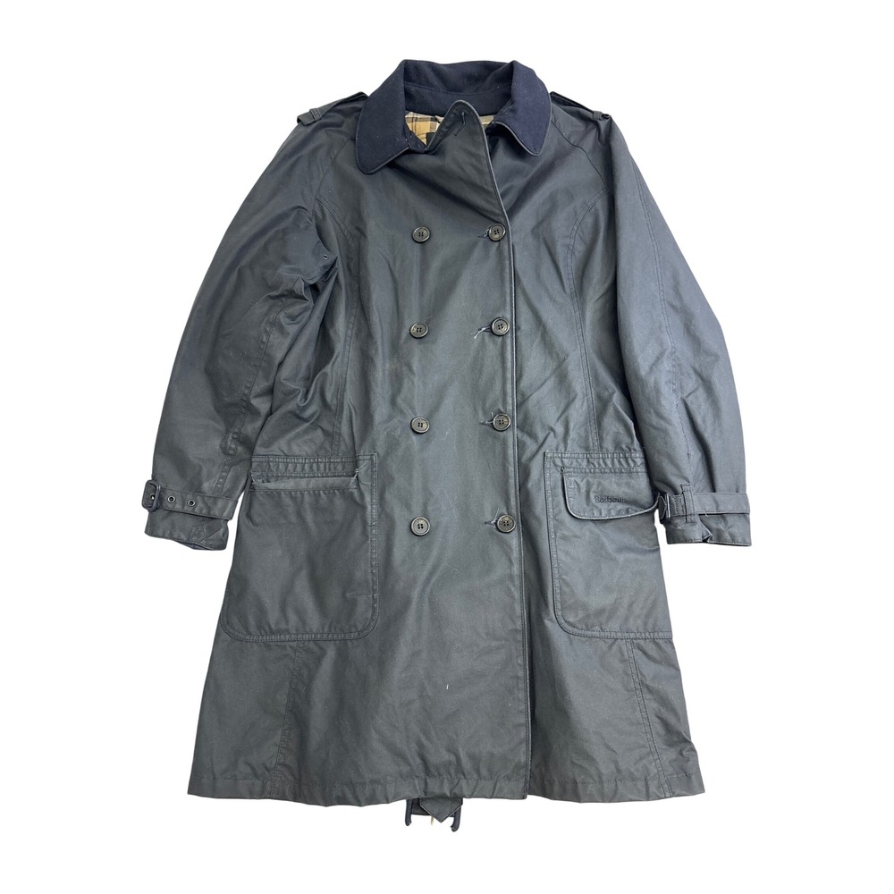 Barbour Valerie Trench Coat Navy Blue Waxed Cotton Tartan Lined England Size 14